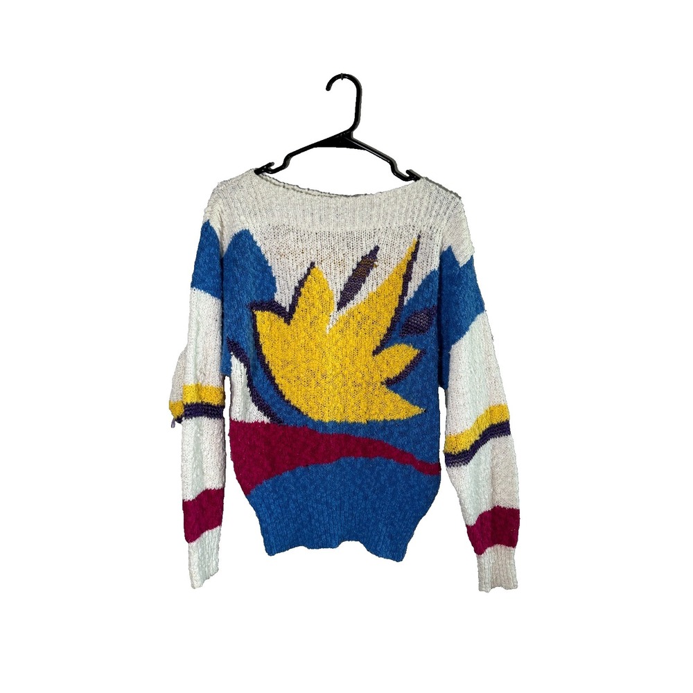 Vintage Womens Sweater Medium Multicolor Abstract Intarsia Knit Boat Neck Cotton